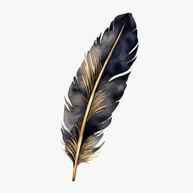 watercolor black feather with gold metalic detailing clip art