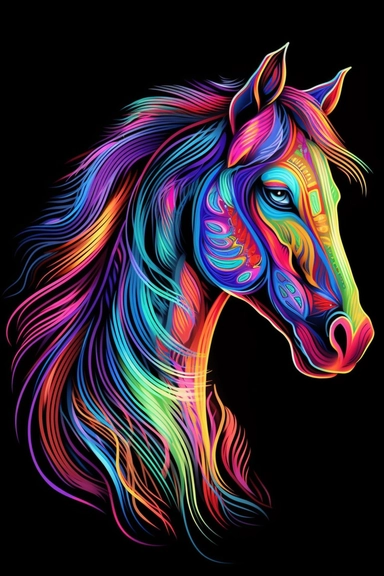 horse, neon colors, ultra detailed, clipart design graphic, vector, contour, 32k, black background,