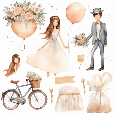Watercolor wedding cute illustrations clipart set, simple, soft colors, cartoon elements, different variants, girl with long braids on wedding day, wedding, husband and wife, veil, garland, balloons, wedding bouquet, gold rings, wedding cake, wooden elements, they sit on a bench, on a car, on a bicycle, white transparent background, separate elements with a margin