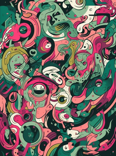dr rnasacs cartoon pattern, abstract pattern, illustration for free vector clipart, in the style of tristan eaton, pink and green, concert poster, fragmented architecture, abstracted grotesqueries, anton fadeev, graffiti-inspired mixed media