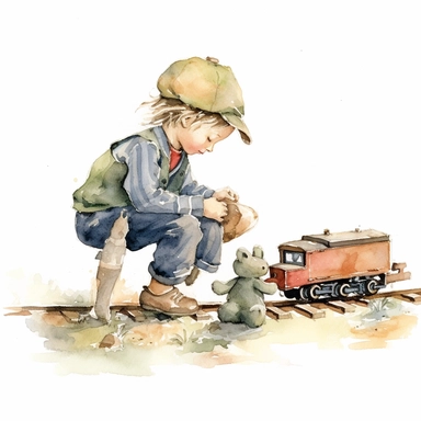 watercolor holly hobbie boy with a toy train clipart