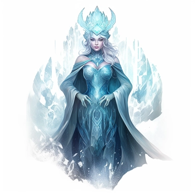 a watercolor clipart with white background of a ice queen with a frosty gown and icy powers, in the style of neon realism, detailed atmospheric portraits, dark and intricate, serene faces, yup'ik art, 2d game art, glowwave, 2d, glowwave, ethereal figures