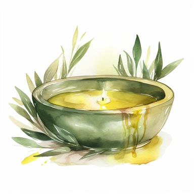 Graceful Baptism Watercolor Clipart - Sage Green and Gold Olive Oil: A symbolic representation of the olive oil used in some baptism ceremonies, painted in sage green and gold. The oil symbolizes strengthening for the journey of faith.