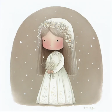 A cute watercolour drawing of a girl wearing a beautiful holy communion dress, flowers, holy communion, childrens book illustration, melancholy pastel art, children book illustration, childrenbook illustration, kawaii, children’s book illustration, children's book illustration, inspired by nicoletta ceccoli, cute storybook illustration, illustration for children, by nicoletta ceccoli, wlop! muted colours, Clipart style, transparent background