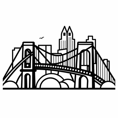[Theme: New York] Brooklyn Bridge, simple clipart, coloring book for kids, minimalist cartoon vector line art, thick solid black lines, black and white, isolated on white background
