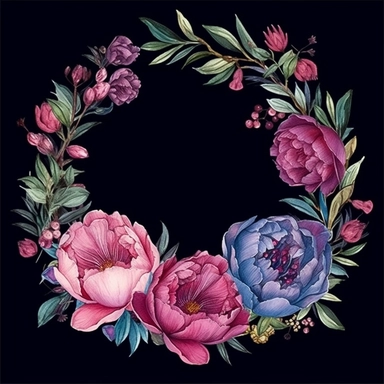 framed by thin border, wide view, central composition, fit in shot, full length, uncropped ,watercolor peonies wreathes, clipart, vector, dark background