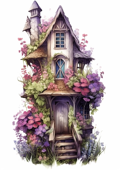 A realistic high detailed fairytale style attic corner with watercolor effect,suitable for digital clipart,white background,magical flowers,magical scene,fairy vibrant colors,pink,purple,lavender,