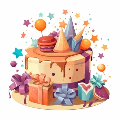 Birthday Cake With Birthday Elements Like belon,Gift Box, Star, Clipart, Vector Style, Logo design, White Background
