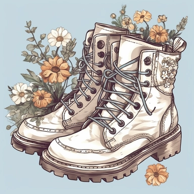 cottagecore clipart. white combat boots decorated with flowers. on a white background. cottagecore, feminine, frilly