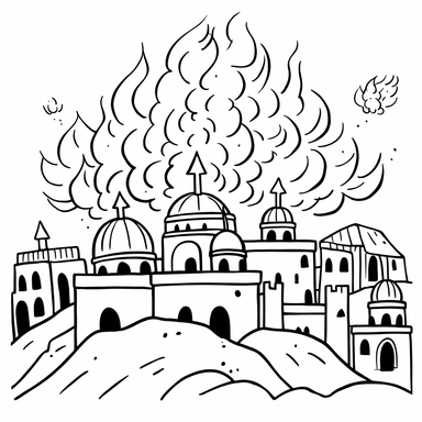 cute black and white clipart of jerusalem burning from the bible, suitable for a childrens book, outline only