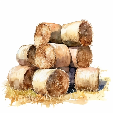 realistic watercolor drawing of a bales of hay spread out on a field, on a white background where the background will be removed to repurpose as a clipart.