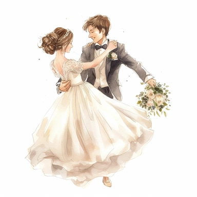 watercolor, drawing, illustration of the bride and groom, the bride is slightly overweight, the bride has a short haircut, laughing, wedding dance, holding a bouquet, flowers, clipart, high resolution image, detailed image, photorealistic, 3D, 4K