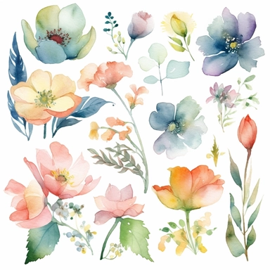6 watercolor fancy spring clipart, isolated on white background,space out--ar3:2--s1000