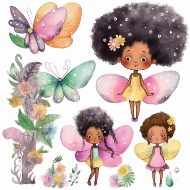 Afro Fairy clipart, elfo clip art, png. Acquerello digitale. Uso commerciale gratuito. Estate, folletto, folletto, magia, folletto africano. Paese delle fate.