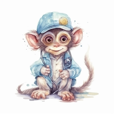 Cute Monkey BABY, BEAUTIFUL big SHINING EYES ,HAPPY, dressed as a Doctor , Watercolor Little Animals Clipart, COLORFUL