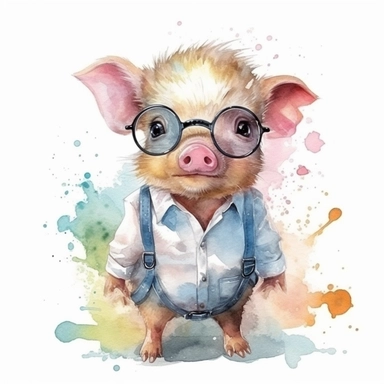Cute Miniature Pig BABY, BEAUTIFUL big SHINING EYES ,HAPPY, dressed as a Doctor , Watercolor Little Animals Clipart, COLORFUL