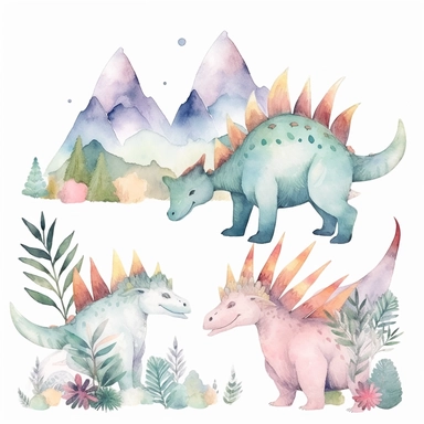friendly, fluffy watercolor dinosaurs clipart, pastel colors, in the mountains, forest, separated, seamless, transparent background--AR 3:2