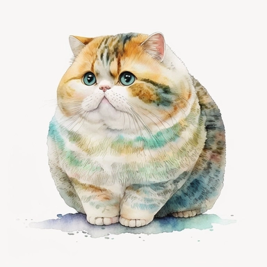 Kawai cute fat cat with big eyes furry sitting on the floor cute Watercolor Clipart