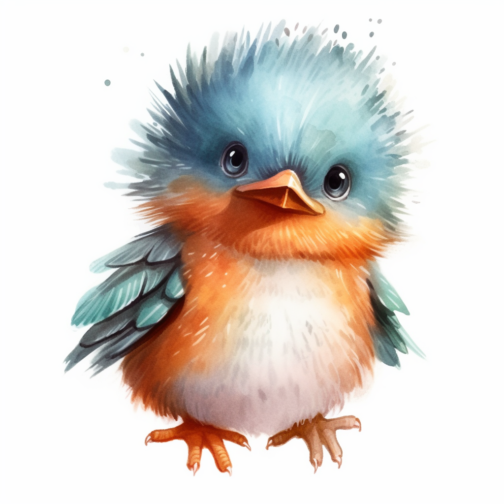 An Animated Baby Kingfisher With Kind Eyes Clipart With Watercolor Illustration Full Body Shot