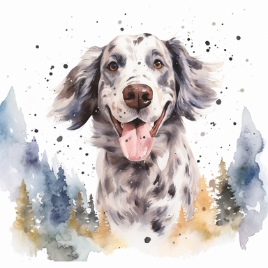 Painting and Illustration Watercolor Print Portrait of a Huge Dog Running in the Woods Sticking Out Its Tongue and Mountain Behind Him Wall Art Clipart Print Art Watercolor Painting Watercolor Appaloosa Mountain Dog Art Udal Art for Commercial Use