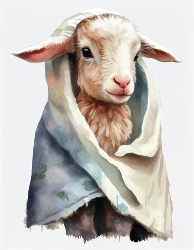 baby goat in a blanket, watercolor clipart, transparent background