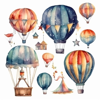 Watercolor carnival,Hand painted clip art with party elements isolated on white background. Hot air balloon, bunting, stars.