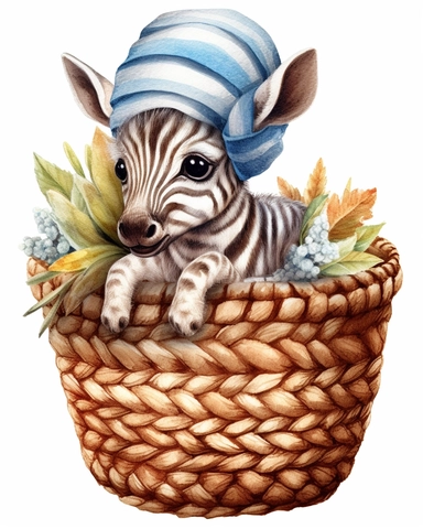 detailed watercolor Baby Zebra on a basket with cap , hyper realistic, isolated on a white background, clipart