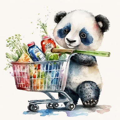Cute and Happy baby Panda with a shopping cart and groceries, Clipart. watercolor style, white background