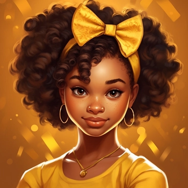 illustration concept of cartoon african girl with a bow clip art, in the style of lilia alvarado, yellow and gold, poodlepunk, walt disney, realistic portrait drawings, charming anime characters, 32k uhd
