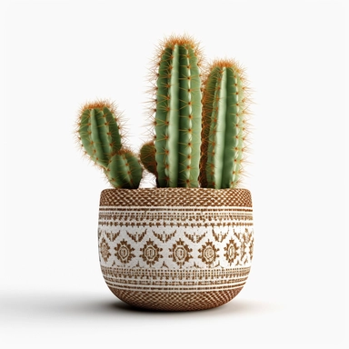 hd, clipart, realistic,A cactus plant in a pot with a southwestern mudcloth design, on white background--s 250