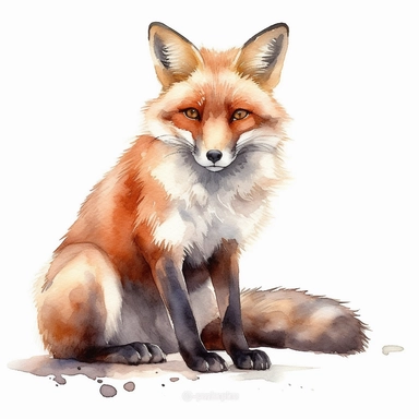 watercolour red fox Clipart, a single cute red fox, white background, dreamy, Studio Ghibli,no shadows, true colors,Free-cut on an all-white background, no shadows, no typography