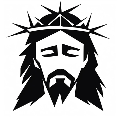 black and white silhouette of a cartoon christ with crown of thorns icon, clipart style, white background, thick lines, vector, simple design, flat colour, solid colour