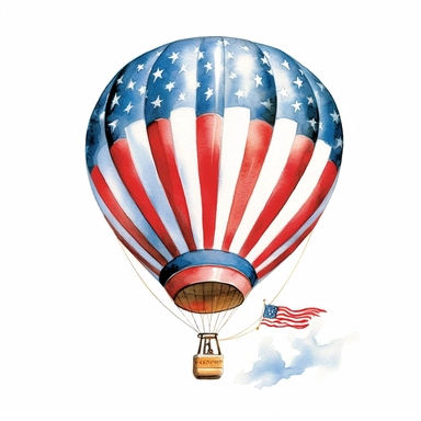 Envision a whimsical clipart displaying a hot air balloon floating in a blue sky, adorned with patriotic colors, against a crisp white backdrop, embodying the sense of freedom and adventure during Independence Day.