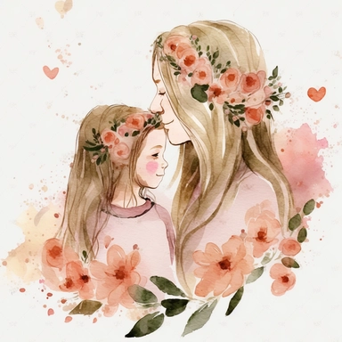 no words straight hair mom and daughter watercolor clipart with flowers and hearts