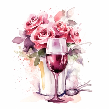 Clip art, goblet of champagne roses with a rose around watercolor pink