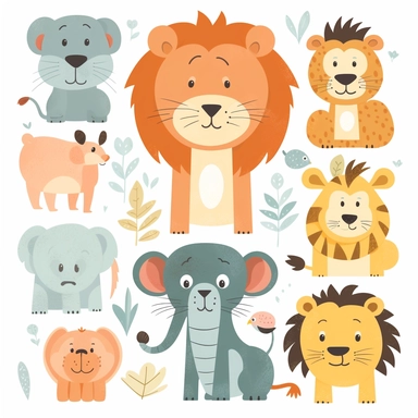 cute clipart of a [lion, giraffe, monkey, hippo], collage style, flat color, svg, rough shapes, silhouette, white background, few details