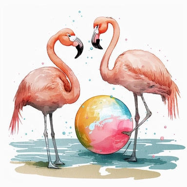 flamingos playing with small beach ball watercolor clip art