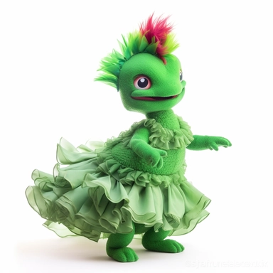 green baby girl Godzilla, looks like an alien, doing high step dance moves, wearing a designer dress made from Phoenix feathers , ultra high fashion, wearing ruby neck scarf, techno lighting, disney cuteness, plain white background, cutout clipart