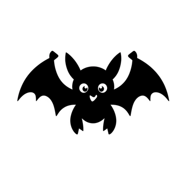 cartoon bat,black and white silhouette icon, clipart style, white background, thick lines, vector, simple design, flat colour, solid colour, halloweencore