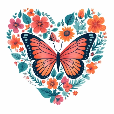 heart shaped composition of flowers and butterflies, 2d flat design, hand painted, colorful summer color palette of bright pink, coral orange, teal blue, and lavender in the style of Rifle Paper Company, clipart on white background, tshirt design