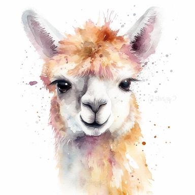 Close-up of a cute baby alpaca in watercolor, rendered in soft pastel colors on a white background. Clipart. The alpaca has an innocent and cheerful expression on its face. Its fluffy fur is painted with gentle strokes of the brush to give it a soft and warm appearance. Its large, round eyes and tiny ears give it a heart-melting look. The background is plain white to highlight the baby alpaca.