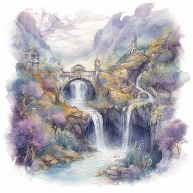 isolated on white illustration watercolor art of a elegant part of waterfall, the landscape from the garden with lavender and a road going into the mountains, a lot of lavender, masterpiece by Hans Zatzka style and by Josephine Wall style and by Alexander Jansson style and by Ivan Fedorovich Choultse style, Art Nouveau Architecture, PNG clipart, isolated on white, extreme photorealistic details, 32k HD resolution, realistic high detailization high resolution