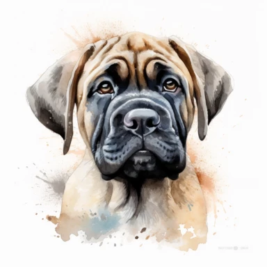 cute English Mastiff dog portrait, full face, centered shot, side shot, dynamically posed, in action, playful mood, happy mood, playing mood, cute face, adorable smile, childlike eyes, clean watercolor illustration, white background, nursery baby imagery, painting, detailed, 8k, PNG, clipart,