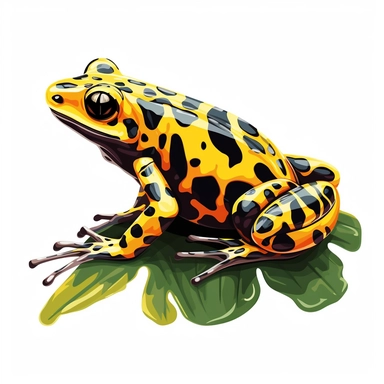 a brightly colored, poisonous dart frog, resting on a leaf majolica style clipart white background