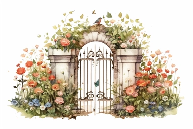 Garden Gate: Design a clipart featuring a watercolor garden gate adorned with climbing flowers, inviting viewers to enter a blooming sanctuary during their midjourney through spring.,style of Anna Süßbauer and Jon Klassen,vector,white background,masterpiece, trending on Artstation and Dribbble.