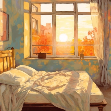 The morning sunlight shines into the window, and there is a bed in the room with oil paintings, White background, Clip Art Style