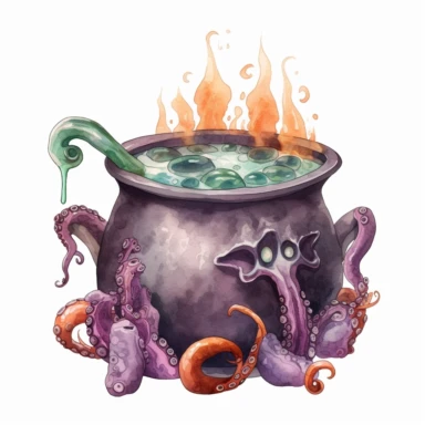 hand drawn black cauldron with bubbling potion, large bone in the cauldron, an octopus tentacle coming out of cauldron and hanging on the side, Halloween, purple orange and green shades, fantasy, glamorous, clipart style, detailed and realistic, watercolor, white background with margins