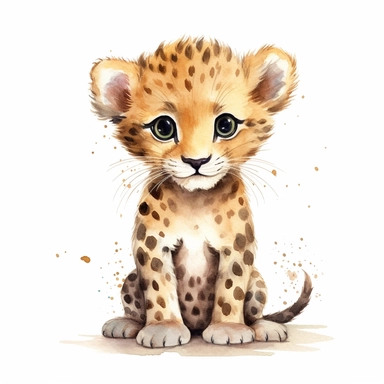 a vibrant baby leopard with kind eyes clipart with watercolor illustration,full body shot,8k,etsy style, white background