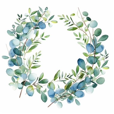 circle of watercolor eucalyptus branch clipart, in the style of border art, green with light blue accents, white background