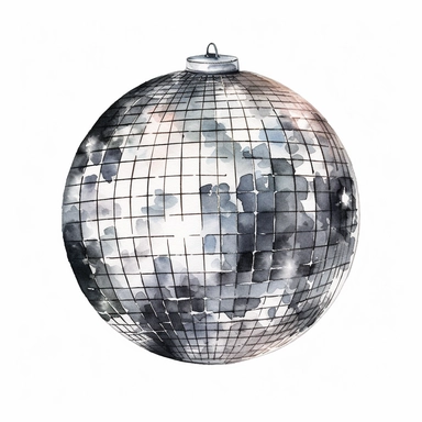 Aquarelle painting of 50s silver disco ball, white background, Clipart,